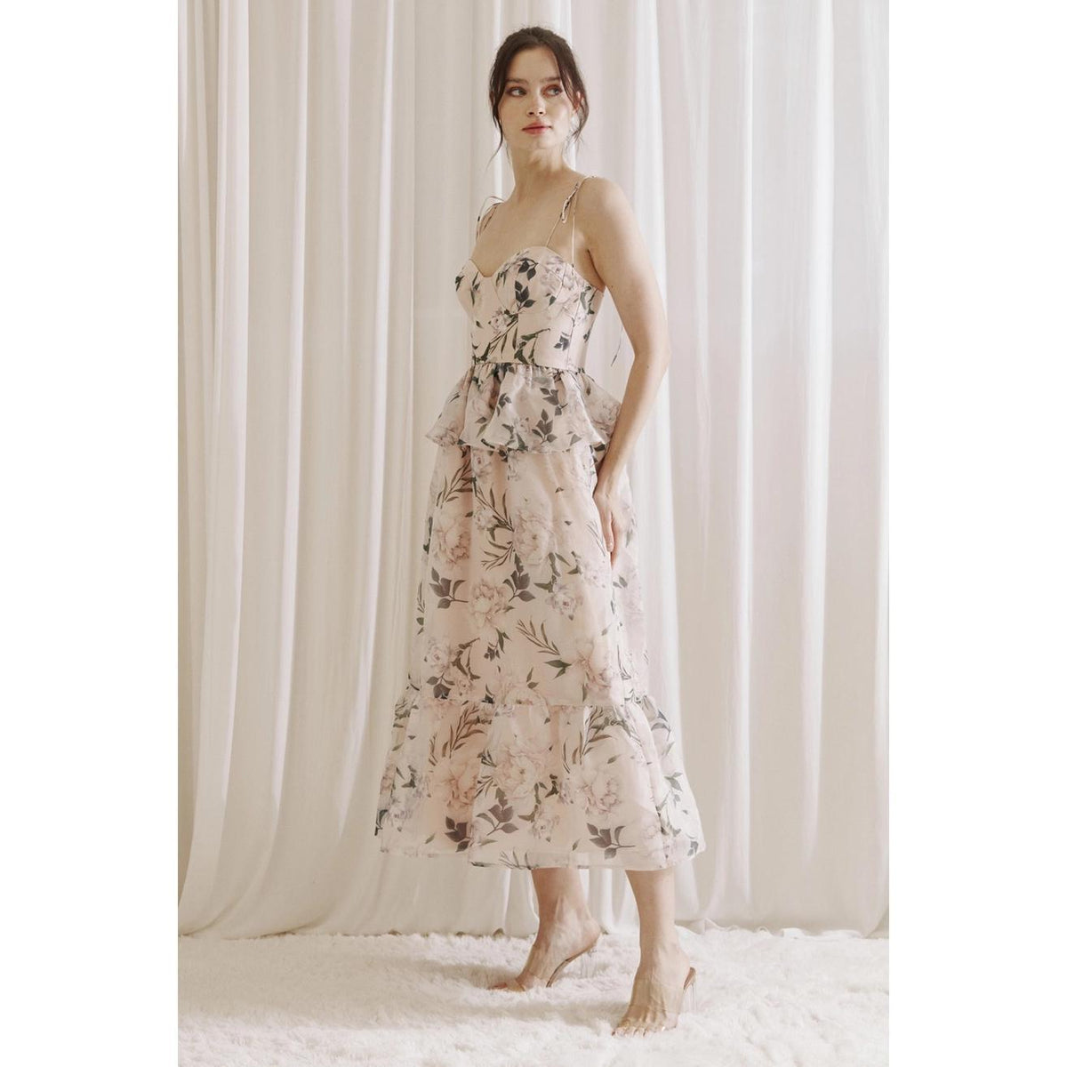 Floral Ruffled Peplum Midi Dress - Pink Multi