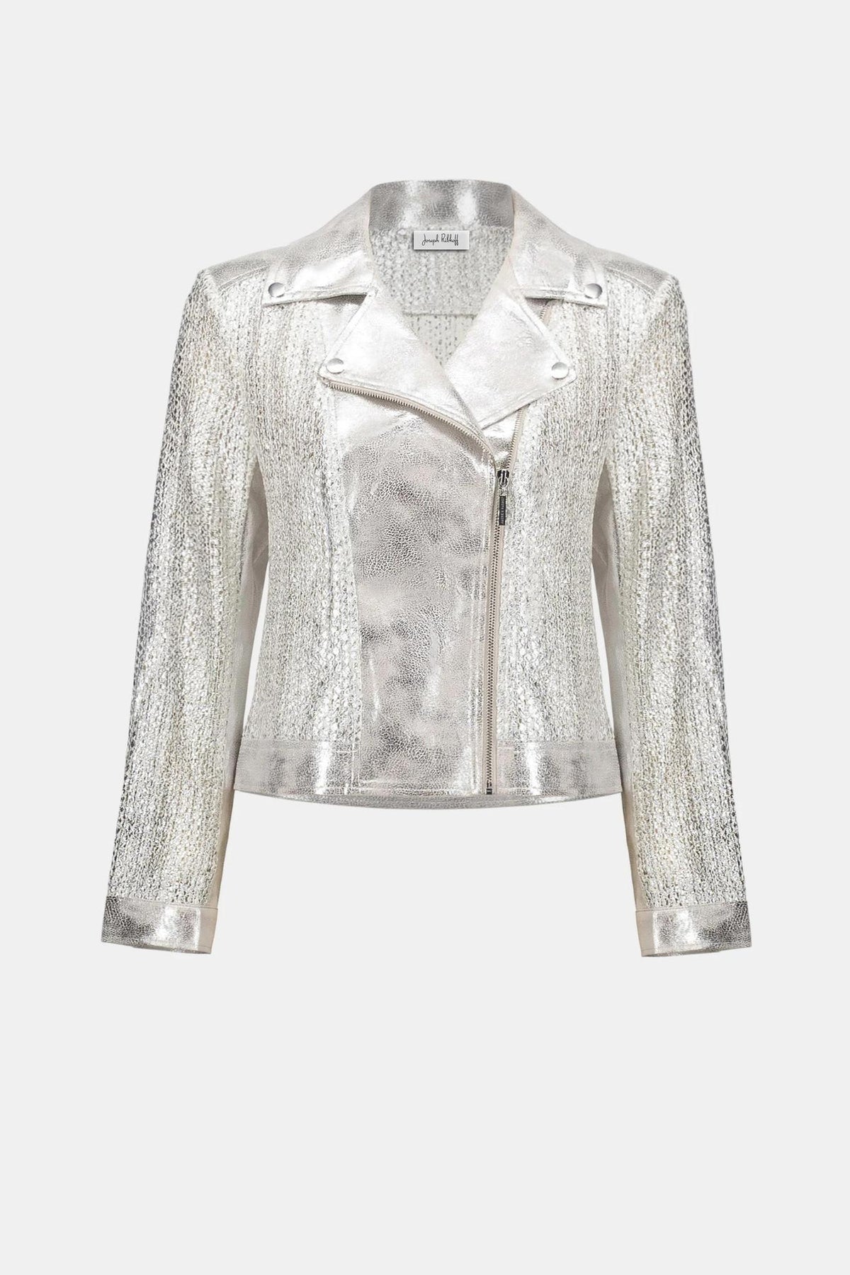 Faux Suede Foiled Knit Moto Jacket - Champagne Silver