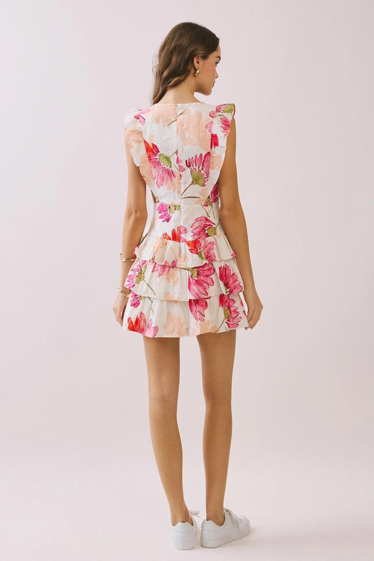 Ruffle Embroidered Mini Dress - Cream & Pinks