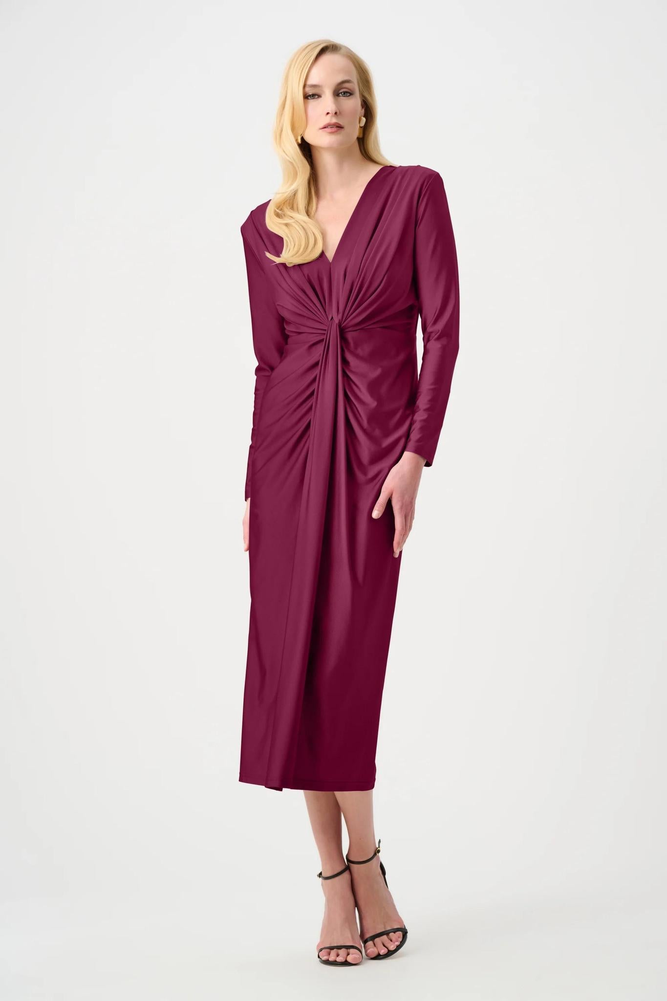 Satin Effect Knit Draped V-Neck Sheath Dress - 253714