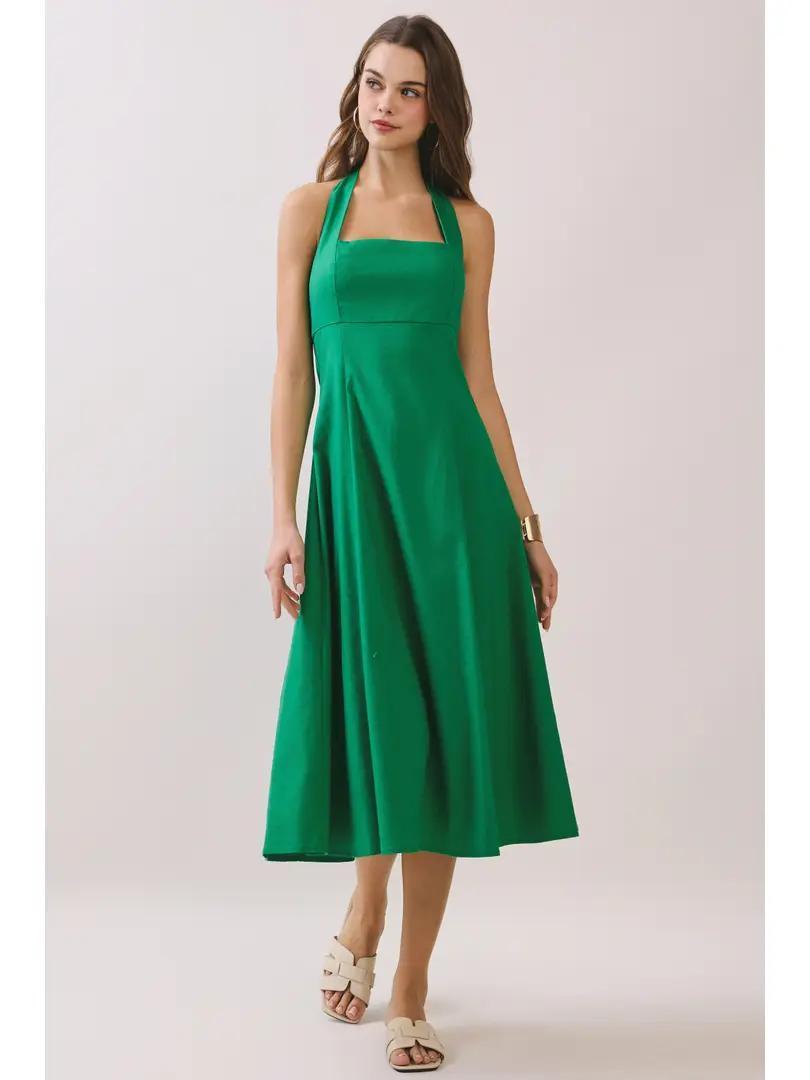 Halter Neck Self-Tie Back Smocked Midi Dress - Green
