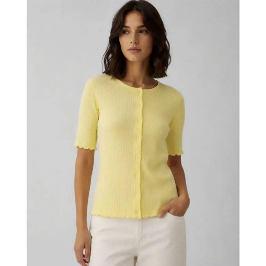 Prisella Short Sleeve Ribbed Button Top | Mellow Yellow