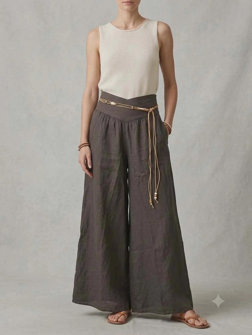 Linen Pants Wide Leg with Boho Belt and Elastic Waist