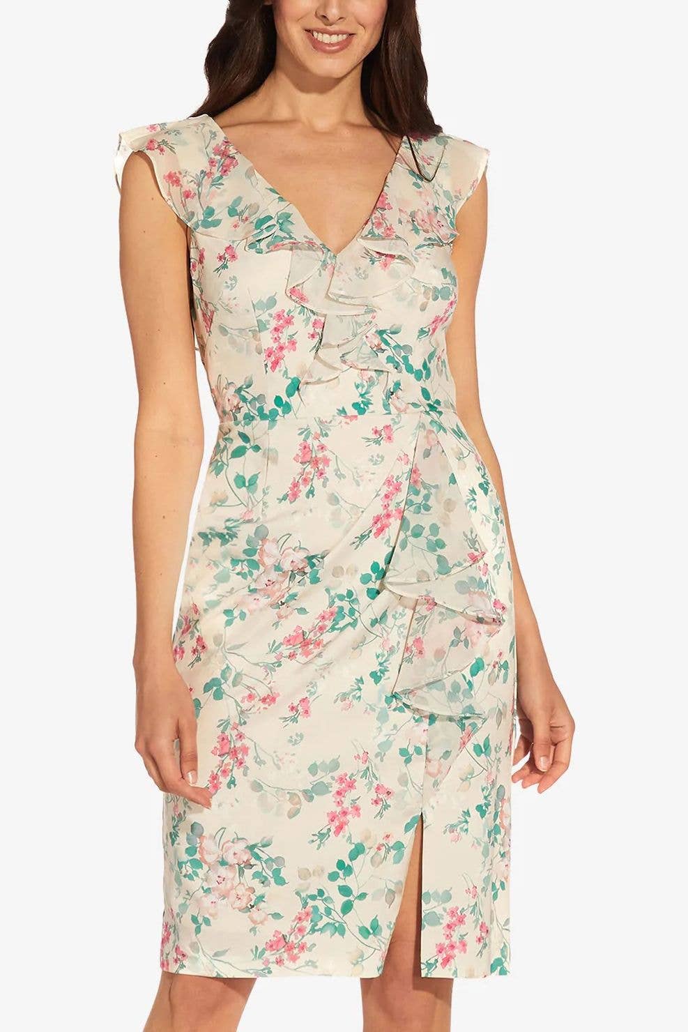 V- Neck Sleeveless Back Zipper Ruffle Dress - AP1D104738 - Alabaster Multi