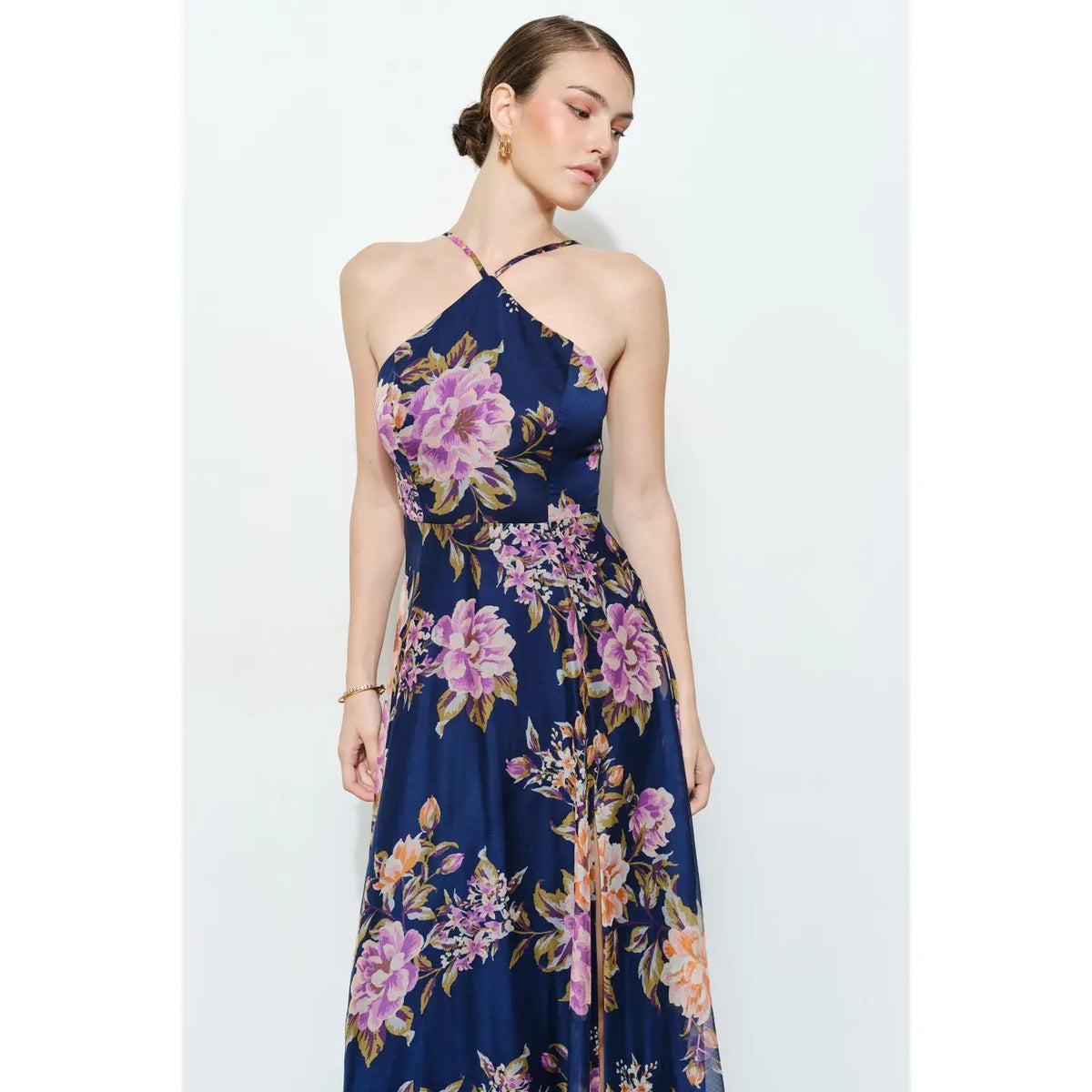 Floral Chiffon Halter Maxi Dress - Indigo Garden