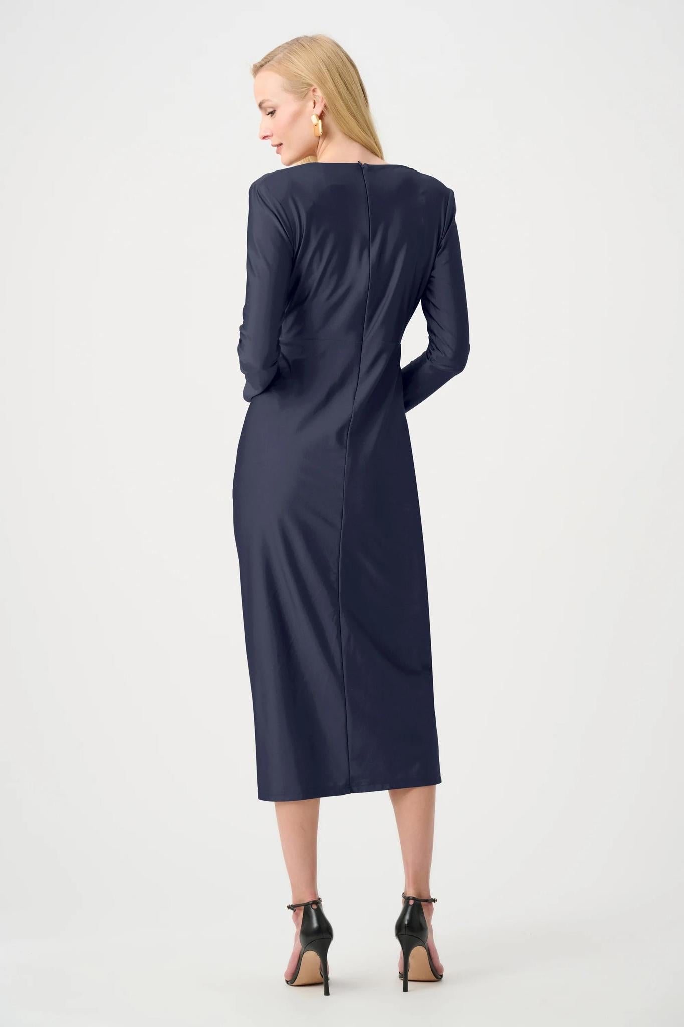 Satin Effect Knit Draped V-Neck Sheath Dress - 253714