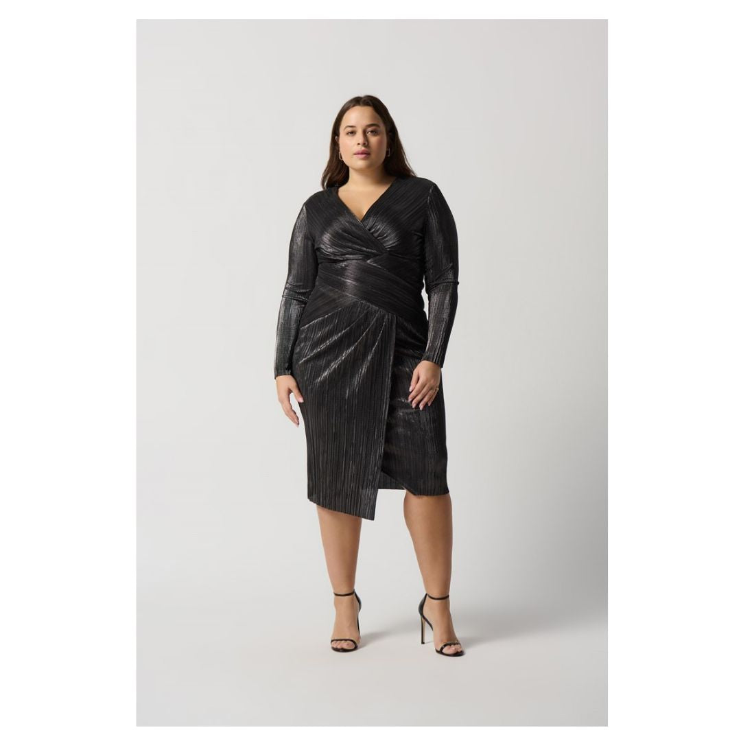 Metallic Crinkle Faux Wrap Dress - Dark Grey Shimmer