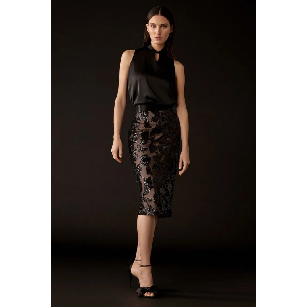 Joseph Ribkoff Pull On Sequin Skirt - 243710 - Black/Nude