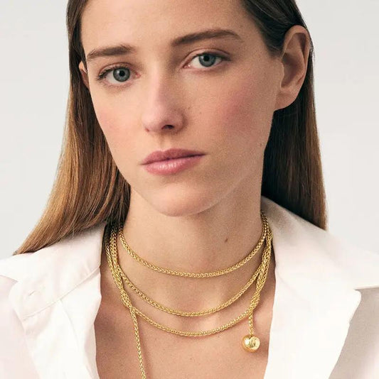 Audrey Lariat Rope Tassel Ball Chain Wrap Steel Necklace
