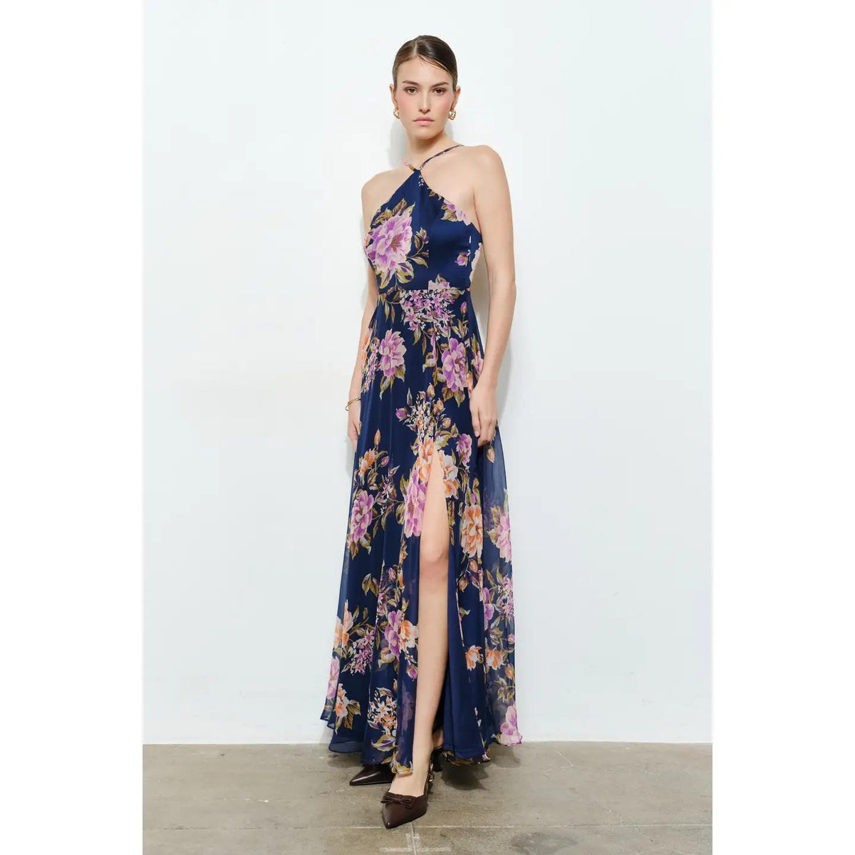 Floral Chiffon Halter Maxi Dress - Indigo Garden