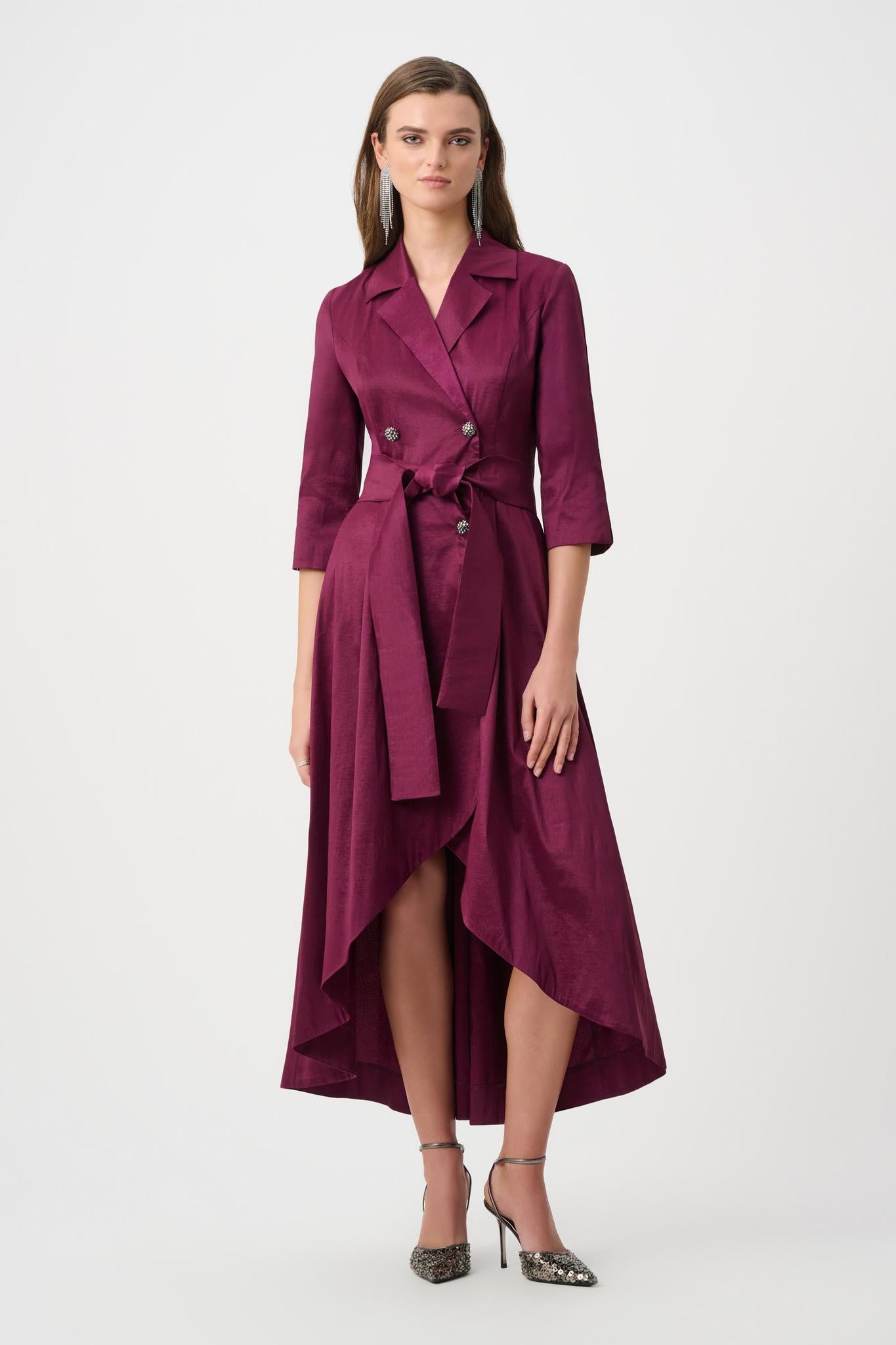 Stretch Taffeta Fit and Flare Tuxedo Wrap Dress