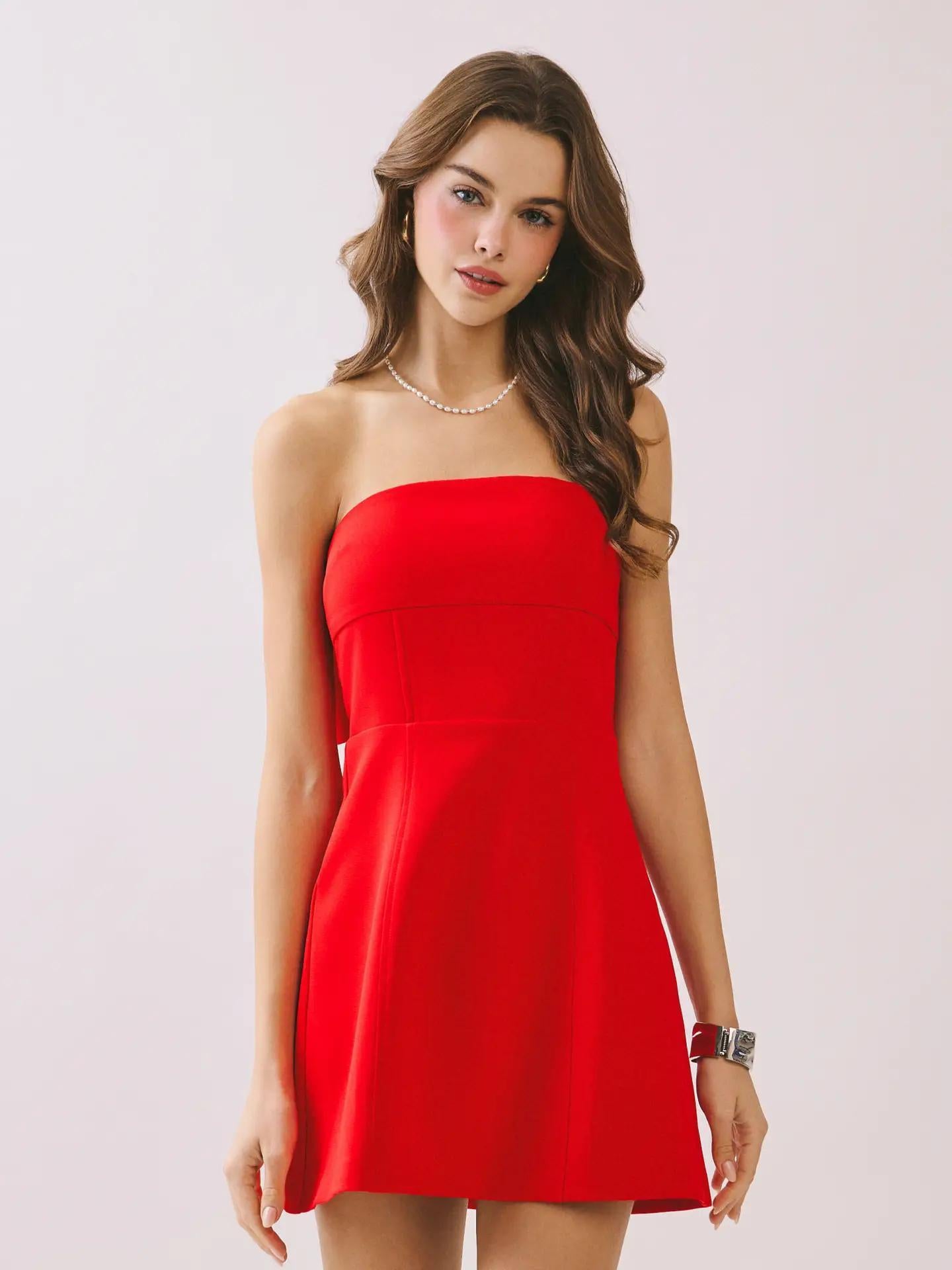 Red Strapless Bow Mini Dress