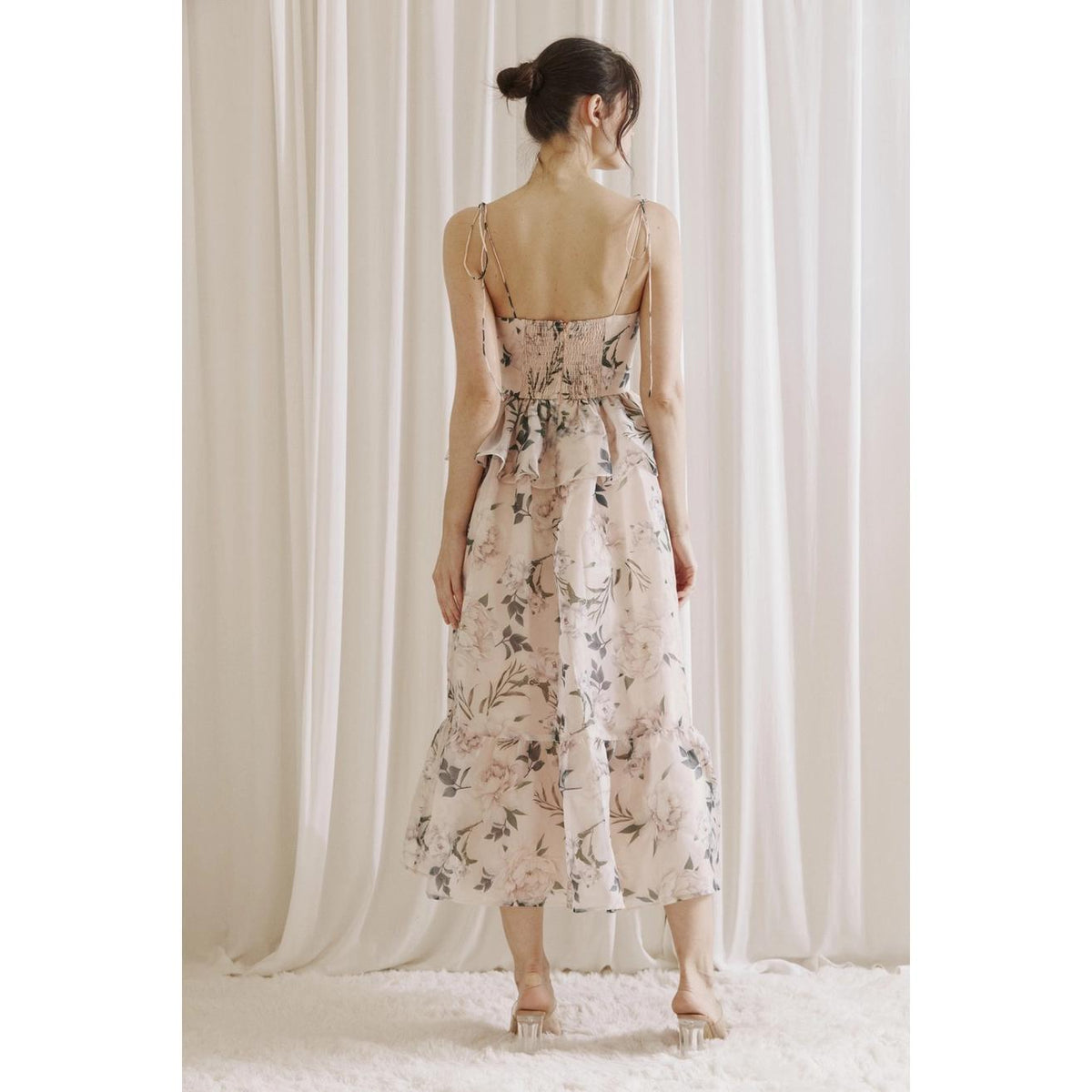 Floral Ruffled Peplum Midi Dress - Pink Multi