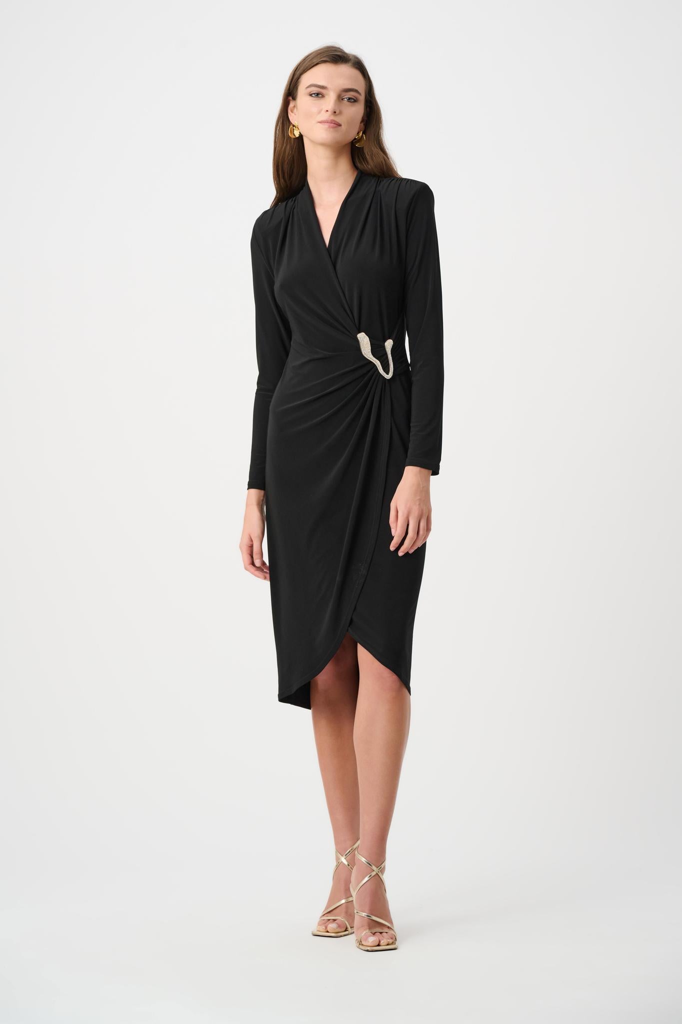 Silky Knit Sheath Wrap Dress - Black