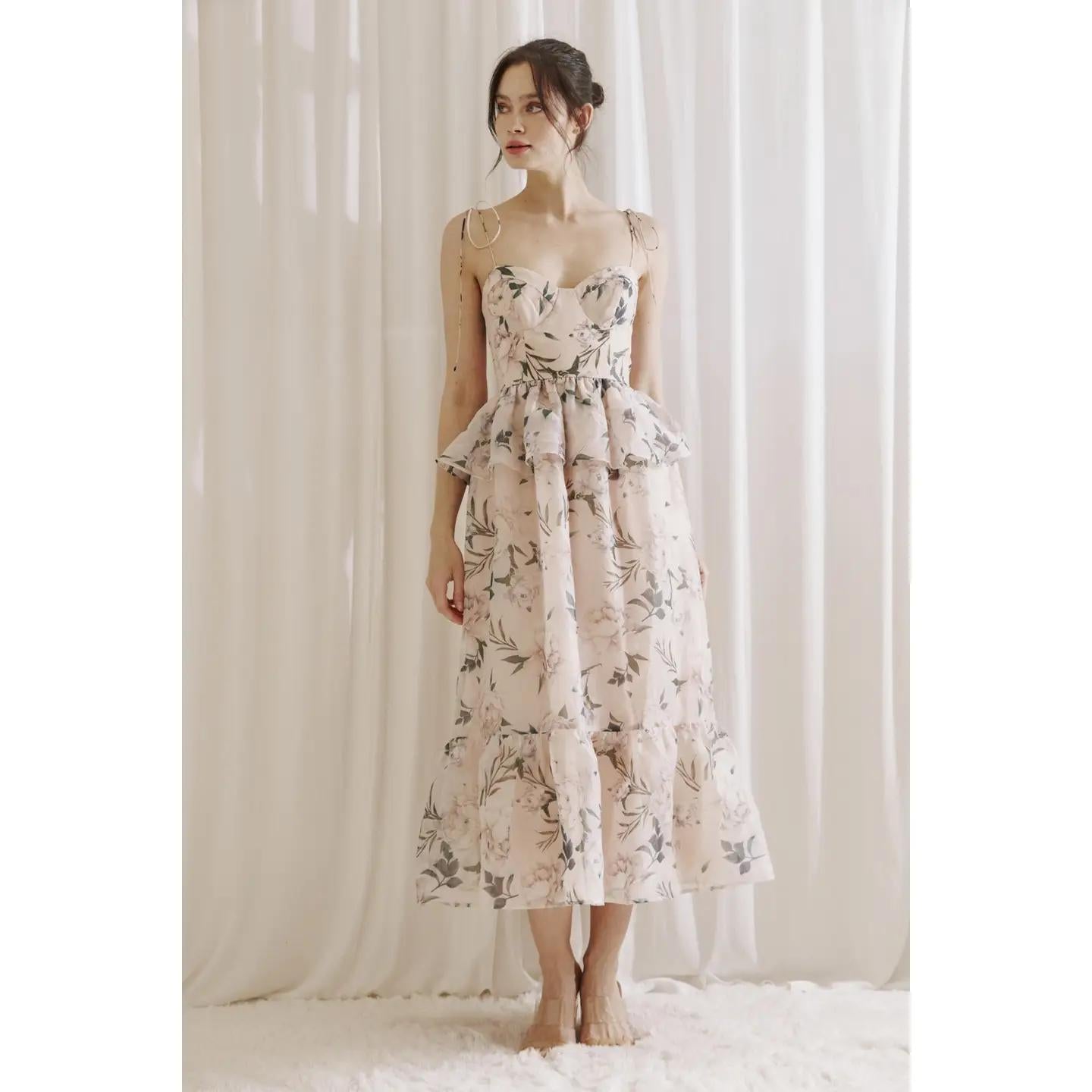 Floral Ruffled Peplum Midi Dress - Pink Multi
