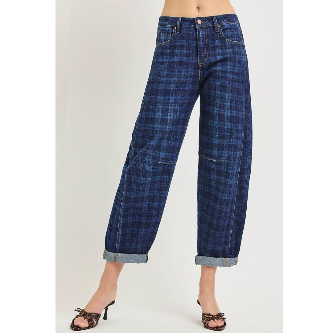 Risen Plaid Stretch Barrel Jeans | Plaid Dark