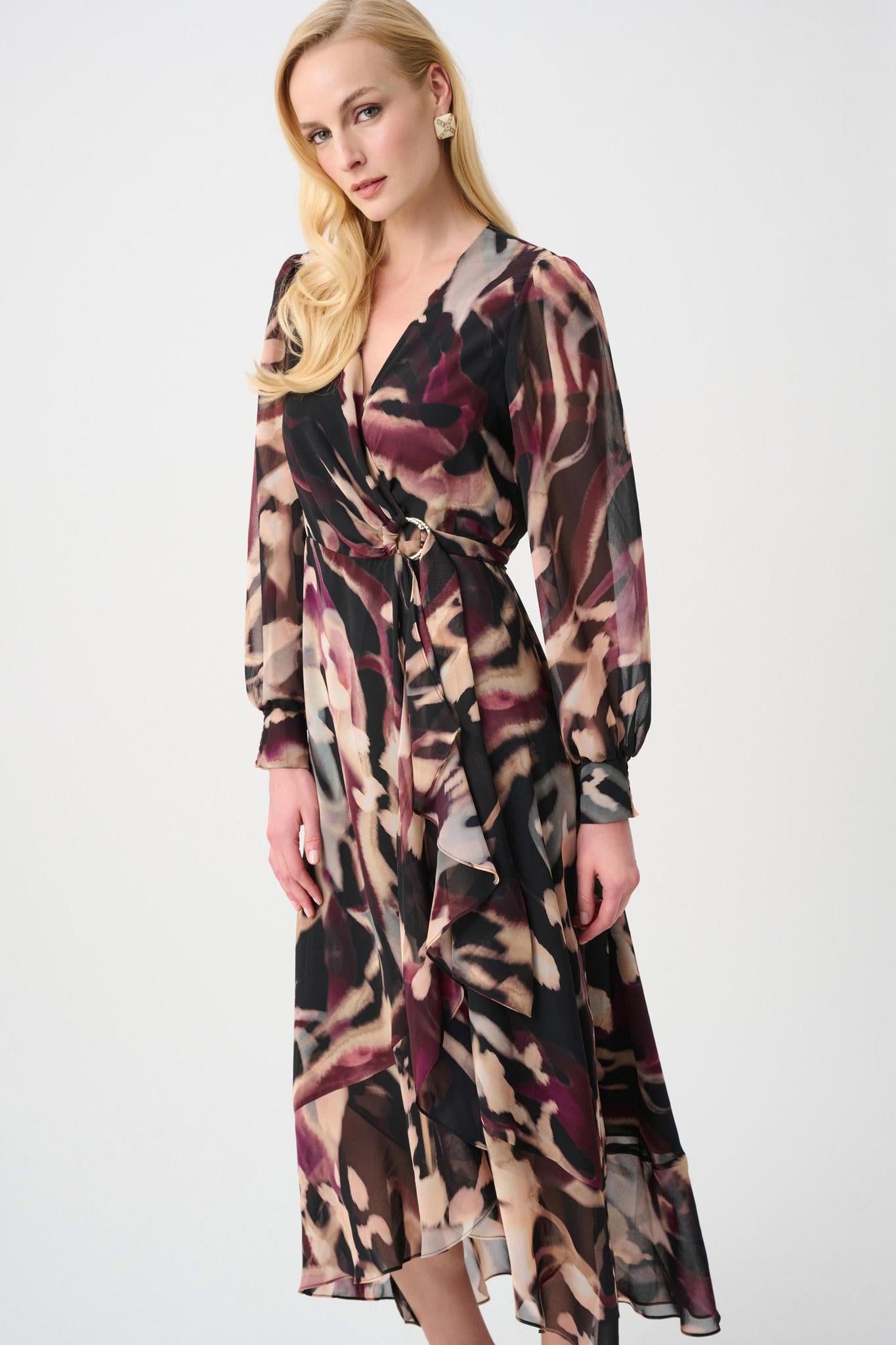 Chiffon Printed Fit and Flare Wrap Dress - 263739 - Black Multi