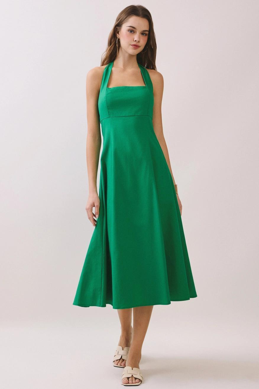 Halter Neck Self-Tie Back Smocked Midi Dress - Green