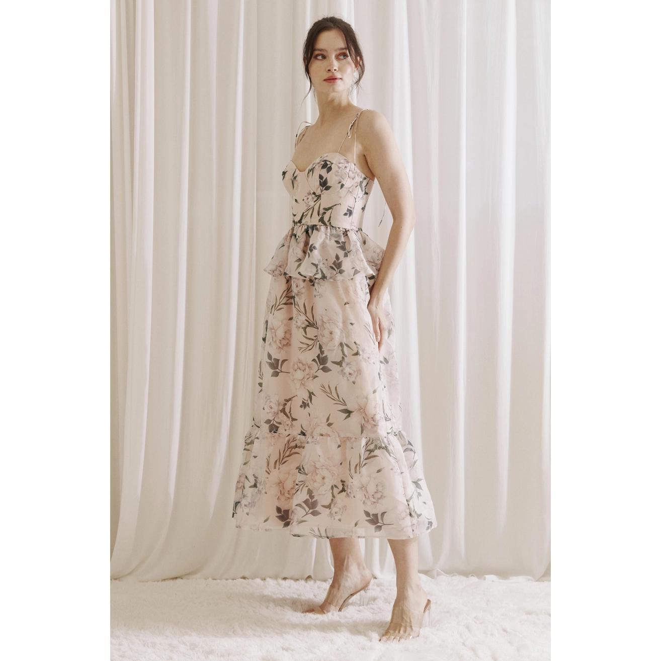 Floral Ruffled Peplum Midi Dress - Pink Multi
